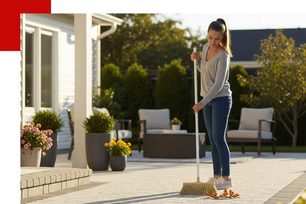 woman sweeping her paver walkway